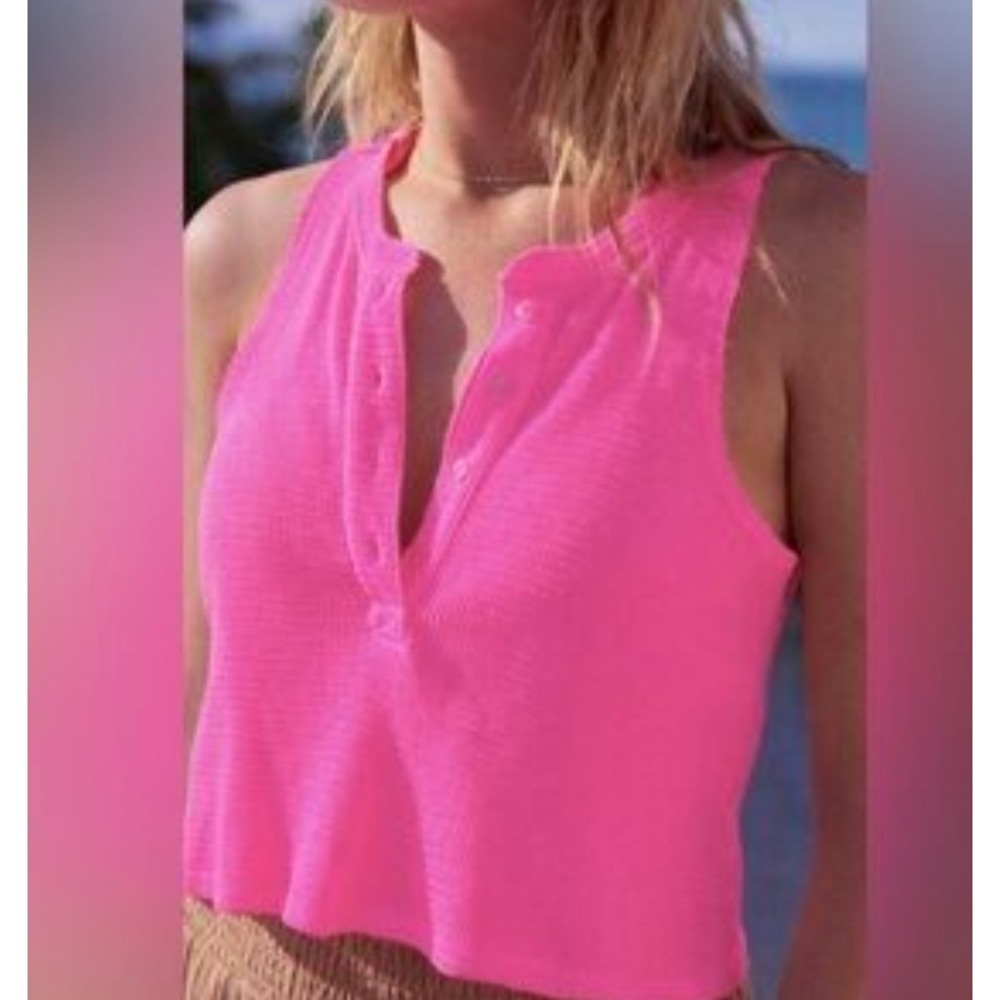 Aerie Neon Pink Waffle Knit Henley Crop Tank Top Large L Sleeveless Summer